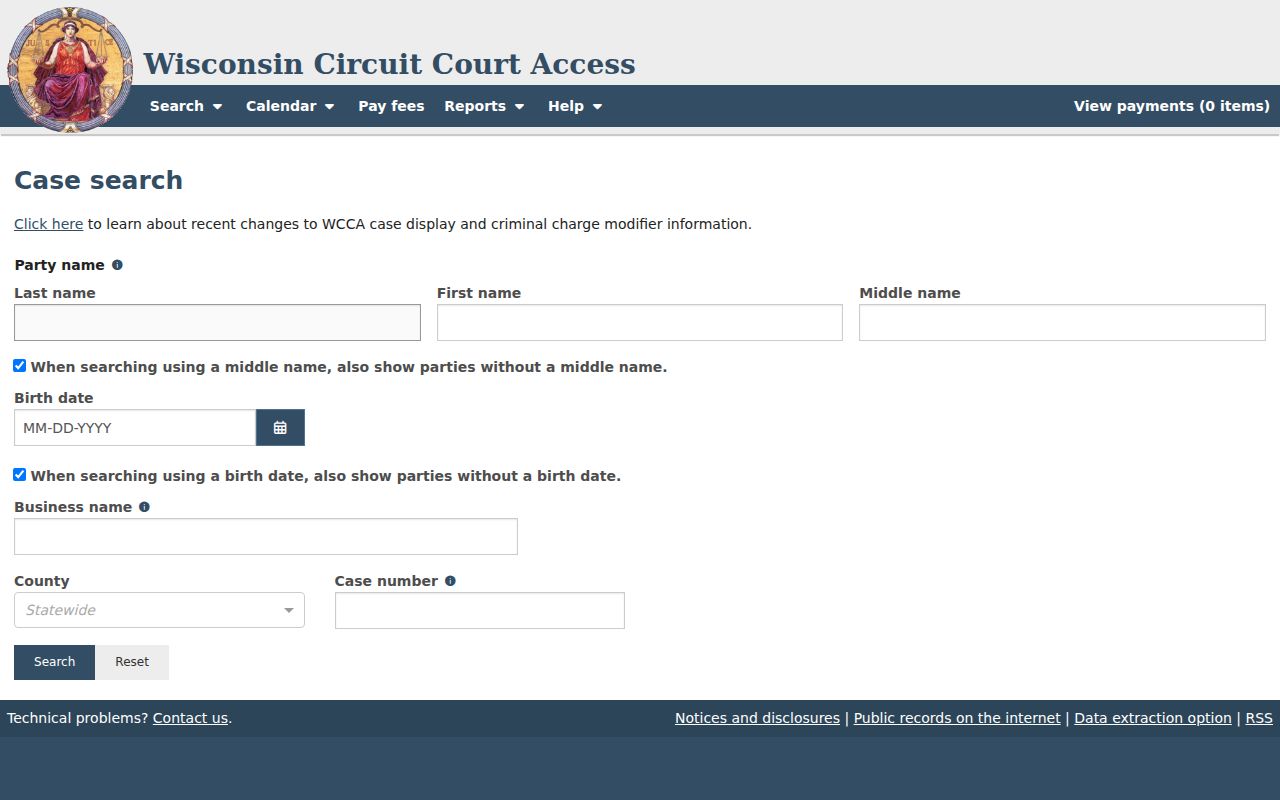 Pepin County court case lookup on the WCCA search screen