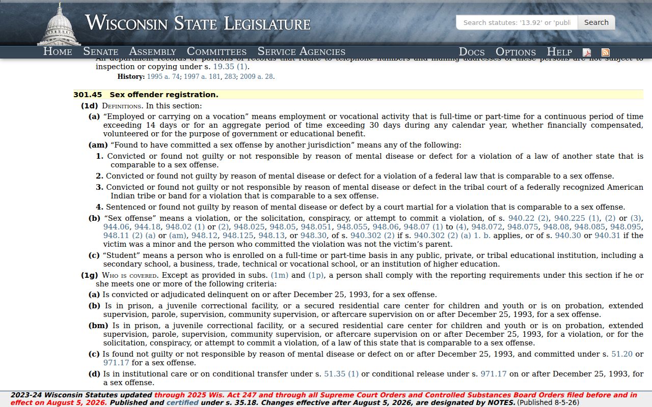 Wisconsin law governing Pepin County sex offender registration
